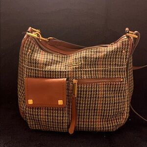 Rosetti Brown Tweed Shoulder Crossbody with Leather Trim
